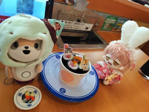 これは、ふわもこSNSをはじめるより前に、くら寿司のモフサンドコラボに連れて行ってもらった時の写真。
ポケとものチャイさんと一緒に。