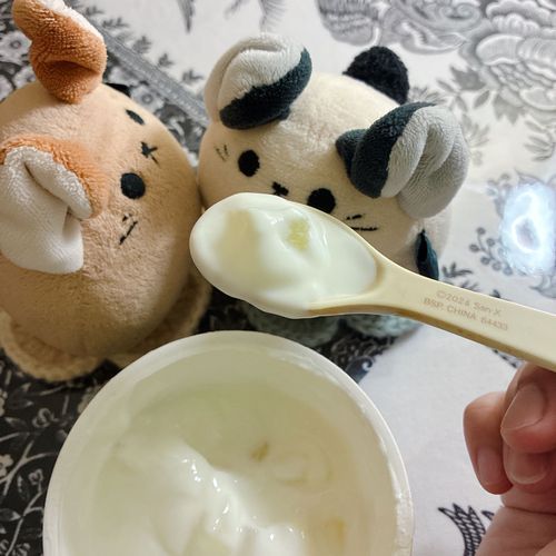 「アロエヨーグルトも食べたわ。ヨーグルトの味って美味しいわよね。ごとーが口周りをベトベトにするから見張ってたときの写真よ。」
『よーぐるとうまなの！！！』