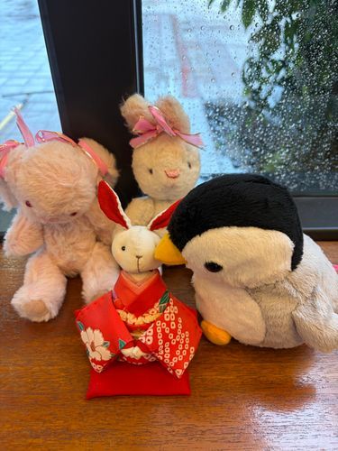 もこだよ！こんにちは！
このおしゃしんは、やまぐちけんへいたときに、りょかんにいた🐰さんなの。おきものきてて、かわいよね〜🥰
もこも、あんなおきものきてみたいなぁ👘✨
ぺーさん（ぺんぎんさん🐧）が、🐰さんに、ちゅってしてる⁉️
うさ子ちゃんは、やれやれ😥みたいなおかおしてるかな💦