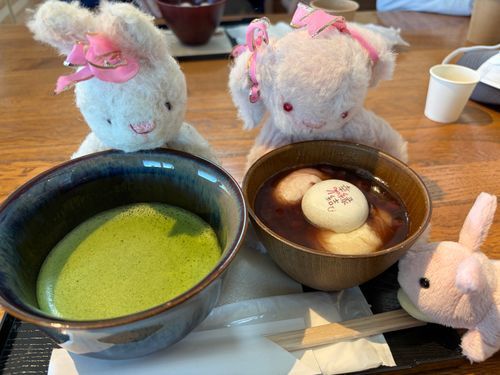 いずもたいしゃのちかくのかへで、おまちゃていう、みどりのおちゃ🍵。

それから、おしるこていうの？ぜんざい？おもちとかはいてて、あまくてあかたいの。
おまちゃは、もこうさ子みたいなあかちゃん🐰にはむりだたけど、もうひとつはおいしかた❣️
たべたら、「ほわわ〜🤭」て、なたよ😆