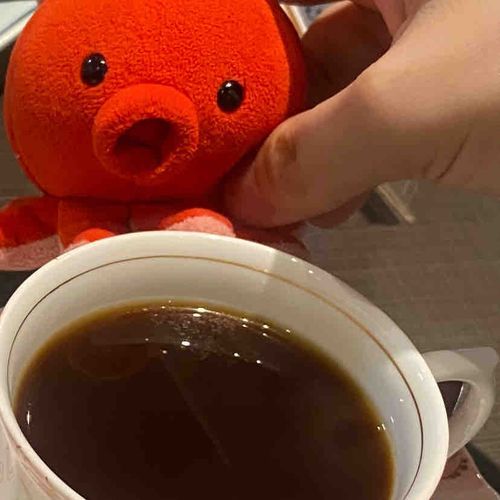たこやんのコーヒータイムでつ！
ちょっとオイルが浮かんでるコーヒーはマイルドで美味しいでつ〜☕️
たこやんのスミのような漆黒でつ！