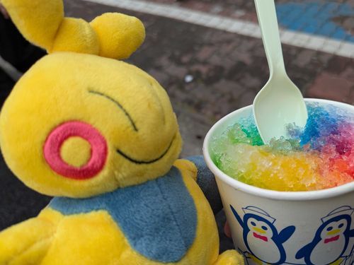 7月某日　くもり
お祭りに行ってきたマク！
虹色のかき氷を食べたマク〜

何の味なのかよくわからなかった〜
最後はすごい色になったマク…