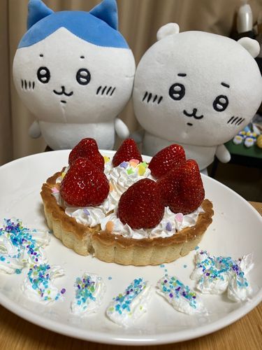 おたんじょうびのけーきだよ
はちわれちゃんとたべたよ
いちごがおいしーい
しあわせだなぁ