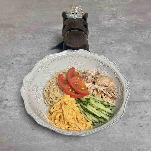 🍜🥗ラーメンサラダ🍜🥗作りすぎた手羽元の煮物をほぐしたものと、きゅうりと錦糸卵とトマト。ちょっと棒棒鶏風🍗🐔

わたしは3日間、自炊をして徳を積みましたが、競馬の神様は外食が好きみたい。タコ負けしました…💔🤕🏥