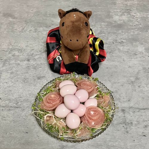 🐣 Happy Easter 🐣
今日はイースターなので巣ごもりサラダを作りました。巣を模した野菜はブロッコリースーパースプラウトです。スプラウトってなんでも辛いんだな〜ブロッコリーだから辛くないと思ってた。。。🥦

うずらの卵をイースターエッグ風にピンクにしようと岩下の新生姜の漬け液に漬け込んで…もっとピンクにしようと生ハムで薔薇を作って…そんなことしてたら大阪杯でピンク枠のクロワデュノールが勝ちました🩷おめでとうございます💖同じクラブの子が勝ってれがちも嬉しいよね☺️