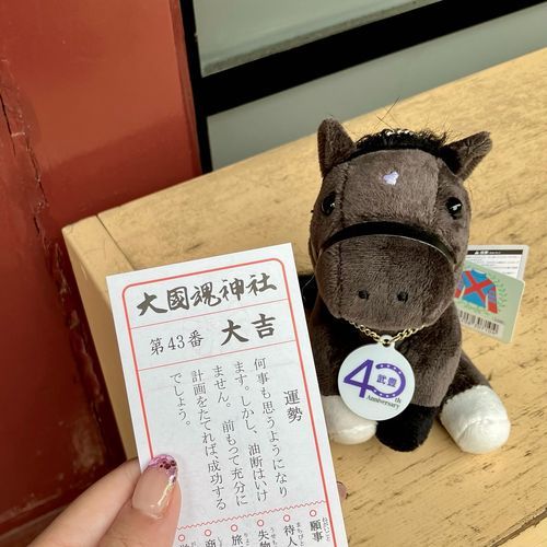 ⛩️大國魂神社⛩️
東京競馬場で宝塚記念を観戦。さっそく武豊展で買ったキズナTシャツを着て行きました。そしたらなんとメイショウタバル武豊が勝っちゃった😳宝塚記念連覇です😳帰りに大國魂神社を参拝してタバルのために雨を降らしてくれてありがとうございますしました。そしておみくじ引いたらまた大吉だった👀💖

タバルは雨が好きなのですが、阪神競馬場の天気は晴れ(曇り？)で良馬場。と思ったらレース直前に横殴りの雨が降ってきて良馬場から重馬場に。東京競馬場は半狂乱状態。「タバルだ！」「タバル買ってない！」「タバル買ってくる！」みんなてんやわんやでした。そしてタバルが勝ちました。すごいドラマを見ました。