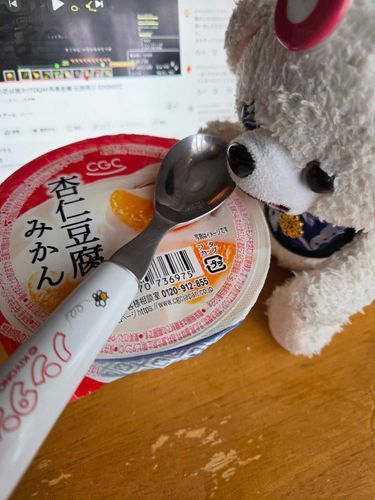 かいぬちが　皮膚科の帰りに　おみやげを　買ってきてくれたんだ
CGCの杏仁豆腐みかんだよ🍊
これがんまいんだ～✌️✌️✌️