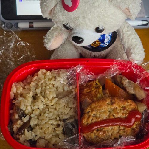 きょうのお弁当は　きのこのまぜごはんと　ハンバーグだよ～⚽️
わんぱくに　いただきます🍴🙏