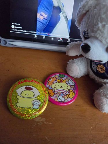 ポムポムプリンさんの　ダイソーの　缶バッジ
めちゃくちゃ　かわいいでしょ🎀
コスパ　よすぎて　びっくりだ～
