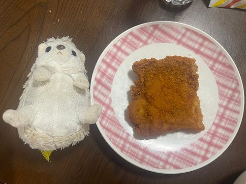 ファミチキ45%増量やってたからファミチキ買ってきたよ！
だいふくと大きさ比べようとしたらだいふくの方が大きかった🦔