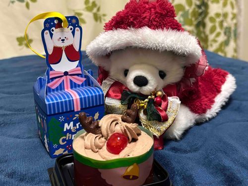 クリスマスプレゼントもらったよ‼️
トナカイさんのケーキと僕とおそろいのくま🧸💖

ぼく、クリスマスだあいすきだ！！