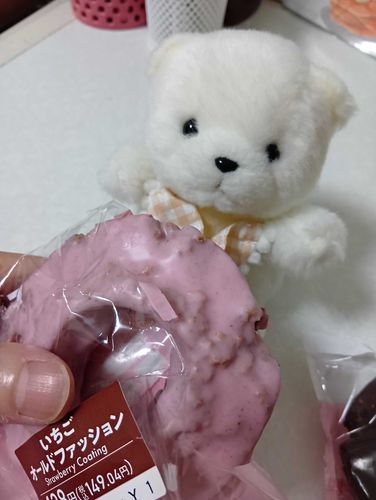 ぽむちゃん、とおくまでおでかけしたごほうびに、いっちょにたぺよ🍩✨
ずっとかばんのなかにいたのに、よくがんばったね
ぽむにはおおきいかな？