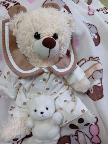 おにいちゃのおよぷくかってきたらちく、かわいいから、ままが着たいっていってた。
せーらーぷくみたいにおえりが、なっていて、くまさんのおみみの、かたちのおえりなの。かわいくてぽむもほちくなったよ🧸🩷