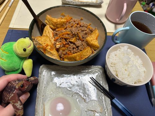 ばんめしはカメずでとった！
きょうはねー
あるじとくせい
厚揚げひき肉？だって
しみしみになってうまかったよ！
