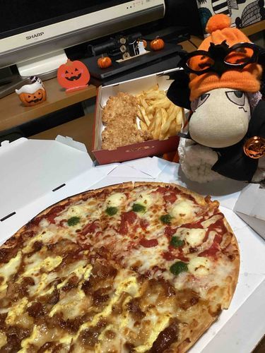 昨日みんなでどのピザにするか迷ったの(  -᷄ω-᷅ )💭
なので急きょピザ会議🍕して自分の食べたいピザのいいところをアピールして
見事食べたかったこのピザに決定した！！ぃやったー！！🦖💚