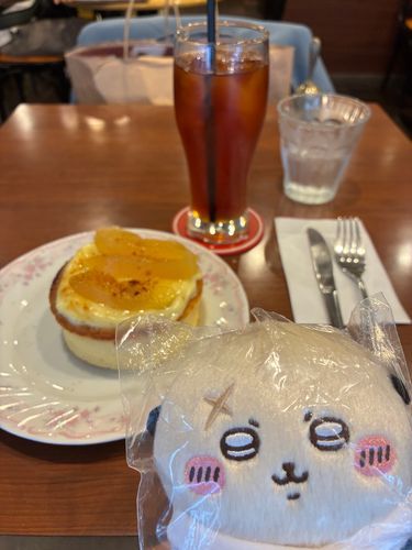 ラッコ先生と昼下がりのティータイムに洒落こみました!
アイスティーと、リンゴとカスタードのキャラメリゼの乗ったパンケーキです!美味しかったですね!ラッコ先生!