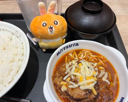 麻辣チーズハンバーグ🧀麻辣っぽい味はあんまりしなくて、辛くてしょっぱいハンバーグだった🍚リピなし🎃🐰