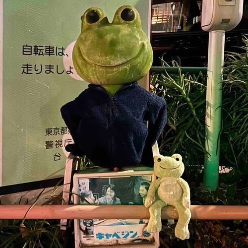 かえるの大せんぱいだ〜！
このみちは いろんなひとが とおるんだね
