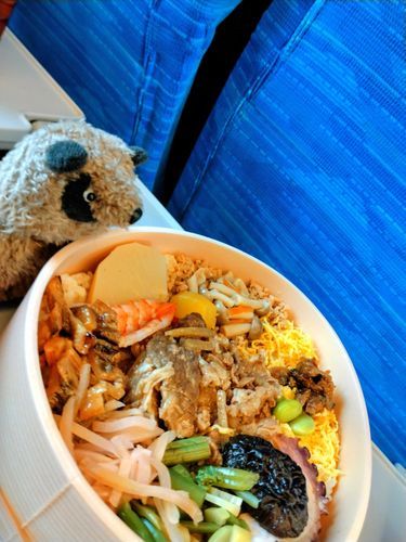 フンス フンス 旅のお供には駅弁だぁね。どっから食べっかなぁ。