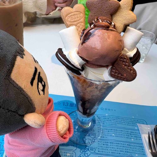 大きなチョコレートパフェだ！
アイスにクッキー、ウエハース、ナッツ、マシュマロ...
お、おい、持ち主！頭が痛いのか？え、アイスクリーム頭痛...？
焦って食べるからだぞ。
アイスを食べる時はゆっくり食べた方がいいぞ。