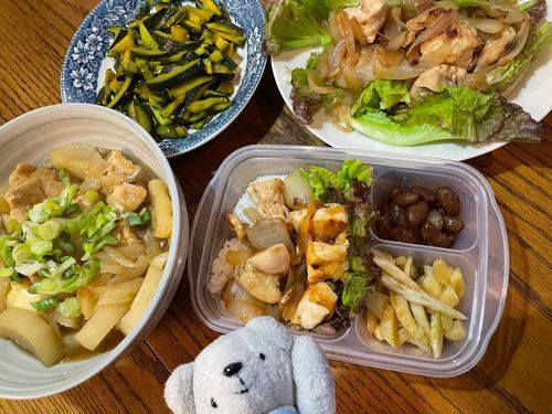 べべの手料理日記📔お姉ちゃんが泊まりにくるから気が早いけどお弁当と一緒に作り置き煮物🍲
