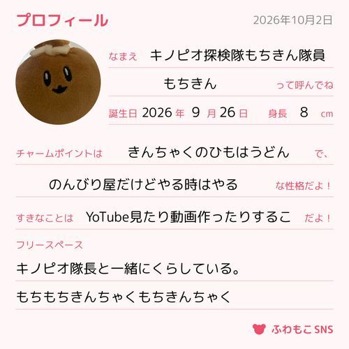プロフィール、つくってみた。

もちもちきんちゃく
もちきんちゃく
ちゃく
　ちゃく
　　ちゃく

  　,,-¥-,
∫⎛  ˶'ᵕ'˶ ⎞∫
   "--o-o-"