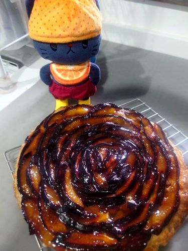 😾ヌシさん、これはなんですか？
　え？
　つゔぇっ？

ツヴェッチゲンクーヘンだよ☺️
ドイツのケーキだよ。
プルーンのケーキだね！