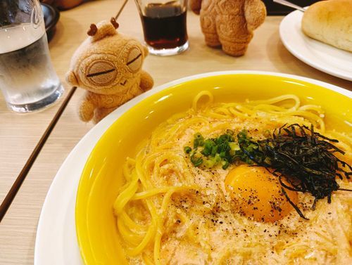 ランチはみんなでガスト！
ご主人はいつもの明太子ぽちゃ〜。トッピングのたまごが。。らぶ。