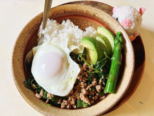 昨日、タイ料理屋さんでガパオを買ったの。それで早速おうちガパオライスを作ってみたよ💕
こっちはナンプラーの味強めのからくないガパオライスになったね〜✨