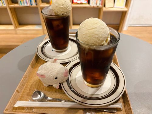 今日のお出掛け先でアイスコーヒーにバニラアイス乗せ💕
ここは本が読めるカフェなんだ、気に入った本は買う事もできるよ！　今日は時間が無くて本は買えなかったけど、今度はゆっくり見て何か買いたいな🎶