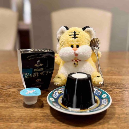 大和屋の珈琲ゼリーを食べたよ🐯ちょっぴり燻製みたいな香りがしてとってもおいしかった〜！ゼリーは甘くないからガムシロをかけて食べたよ☕️🥄