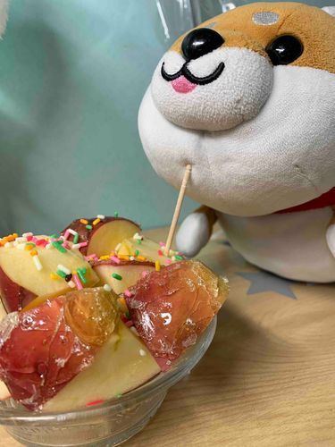 飼い主さんに作ってもらったりんご飴！豆なぁ飴もりんごも大好きだからめっちゃ美味しいんよぉ〜！
もっと美味しいものたくさん作ってほしいな！飼い主さん、あんがと！