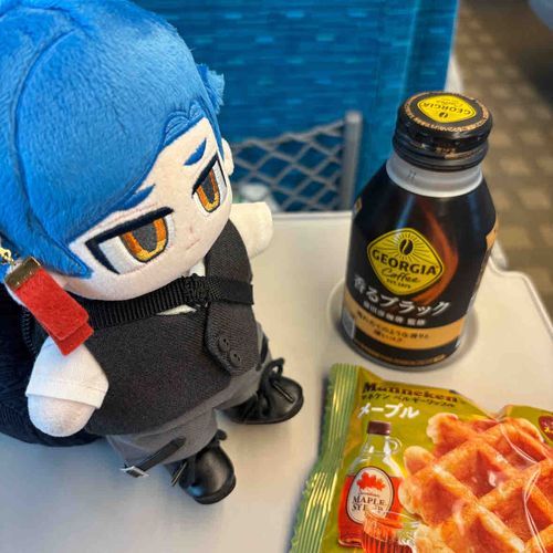 主が遠征のお供をしている。新幹線の中でおやつを食べるのも旅の醍醐味だな(オノノ)