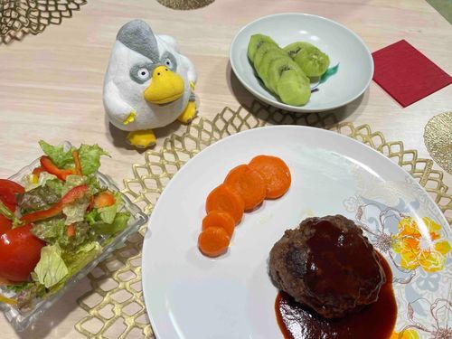 あるじがおやすみだったのでひさびさにはんばーぐつくってくれたもじゃー🌟もけ吉のだいこうぶつ！でもキウイ🥝はすっぱかったもじゃ(>_<)