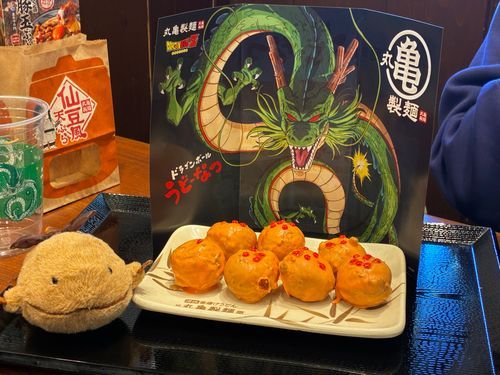 ちょっと前に、丸亀製麺でドラゴンボール集めたよ。7つ集めると願いが叶うんだって。神龍にも会えたよ。わいとおんなじ色の食べものとちがう色の食べものをたくさん食べられますようにってお願いしたよ。