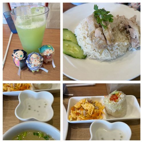 昨日は病院帰りにタイ料理屋に行ってきました。
前々から気になってたんだけど、常に混んでて入れなかったけど空いてたから行ってきた。
今回頼んだのはカオマンガイセット(生春巻き＆デザート付き)にしました。
因みにグァバジュース頼みました🥤✨️
これは甘くて酸味のある味で、何度でも飲みたくなる美味しさでした✨️
カオマンガイは付属のソースをかけて食べるんですけど、スパイシーで美味しかった😋
てかタイ米初めて食べたけど、炒飯みたいにパラパラしてましたね🤔
あと生春巻きは生地がモチモチしてて美味しかったけど、辛かったです🥵
