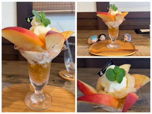 あとここの名物、季節限定のパフェ✨️
今年は酷暑の影響なのか、桃の季節が早く来たみたいで、直営の果実園にはもう桃がなかった😅
それでもこのカフェは果実園の果物をそのまま使ってるからとても美味しいんだ🥰
桃は買えなかったけど、これで我慢😌
果実園とは私が毎年シャインマスカット狩りしてる所です😅
サイズがとても大きいので後で載せます。
