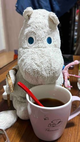 こんばんはですムー❕
ディズニーから帰って１週間と２日経ちましたムー❕
今日はコーヒー☕︎飲んでますムー❕
ちょっとお砂糖入ってるですムー❕
熱いから冷ましながら飲んでるムー❕