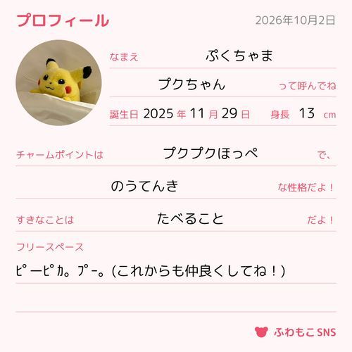 ﾋﾟ

プクもプロフィールかいてみた！
簡単にかけて たのしいでちね☝️
これからも 仲良くして欲しいでち( •̀ω•́ )✧はじめましてさんも 仲良くしよでち💛