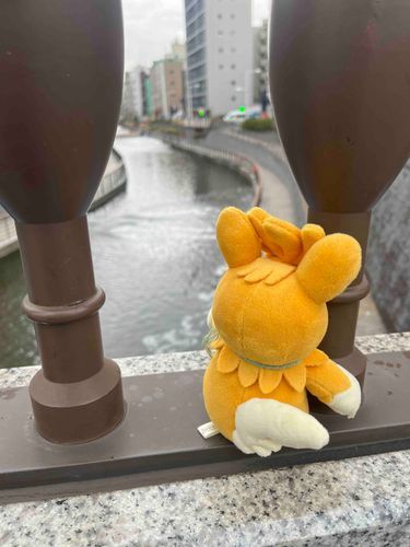 川だ〜 
あ！見てみて！
向こうに大きくて光る塔が見えるよ！