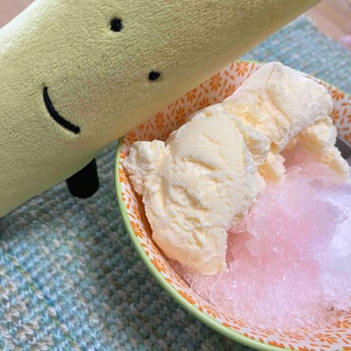 あついから　こおりにあいすのせてたべまーす