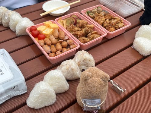 おそとで たのしいピクニック🧺
からあげ さいこ〜！だしまき おいし〜！