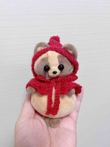 きゅるたぬに赤ずきん編んだよ。
あったかとんがり帽子にケープだよ！棒針編みだよ〜〜
きゅるたぬも喜んでくれたみたい🧶