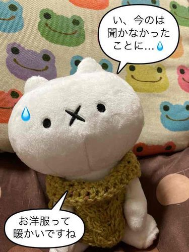 吾輩ニャ。

お洋服って暖かいんだねぇ。

えっ！？脱ぎませんよ。ありがたく着させていただきますぅぅぅ（汗）

飼い主「猫に初めて洋服を着せたら、こういう反応をするのかぁ。ナルホド…」

トゥル太「トゥルはそんな事なかったニャ！」

飼い主「そりゃあ、君たちぬいもーずはお洋服を着せる前提のシリーズだからねσ(^_^;)」

おわり