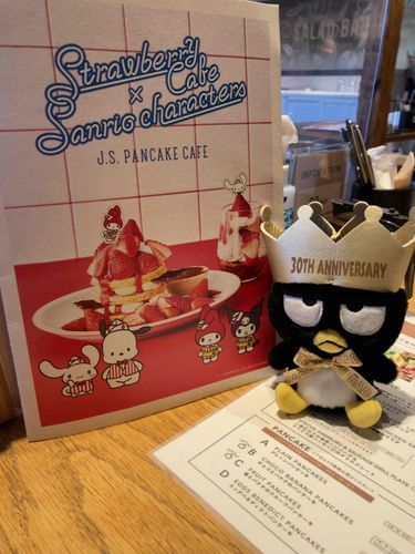 飼い主がねー、新入りばつ丸くんを連れて《jsパンケーキ》へ行ったら、たまたまサンリオコラボをやってたんだって〜！
もちろん注文したみたい。トゥルも食べたかったニャ〜。
