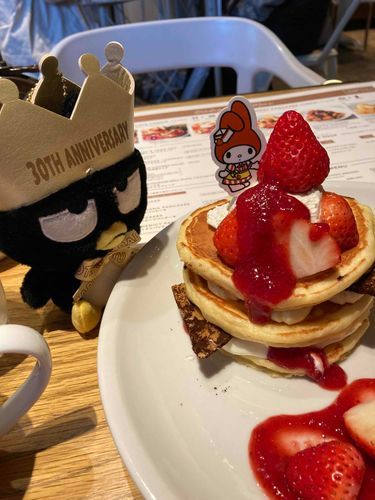 今日はばつ丸くんのお誕生日♪
エイプリルフールがお誕生日なんて絶対に忘れないよね！
この前パンケーキを食べに行った時のお写真を載せとくね。

３０周年のばつ丸くんだけど、飼い主は割と早くからばつ丸推しだったみたいなんだ。それなのに…
それなのに！つい最近までばつ丸くんが普通の(?)ペンギンだと知らなかったんだって〜！！！
約30年間ずっと！イワトビペンギンだと思ってたって。
なんとなくわかるような気もするけどさぁ…

飼い主…トゥルがネコだってちゃんと理解してるのかニャ？ちょっと不安になってきた。