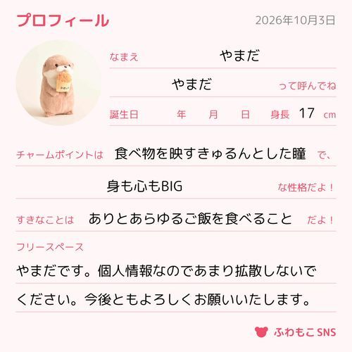 やまだです。
時には流行にあやかるというのもBIGなカワウソの嗜みです。ふわもこプロフィールというこのビッグウェーブにやまだも乗らせていただきます。