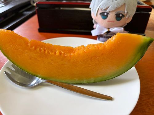 メロンです！
スプーンで掬って食べました。
冷えていて甘くて、とても栄養があるね