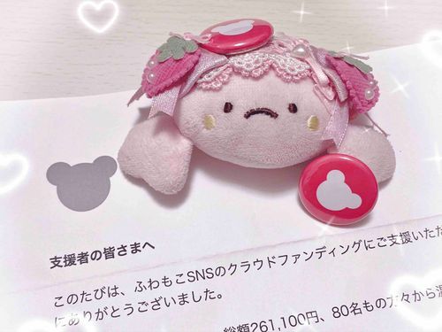 おひさしぶり✨
ふわもこSNSさんの”くらうどふぁんでぃんぐ”したんだ！
かわいい缶バッジありがとうございます🎀
うめこのおたからにするんだ🌟