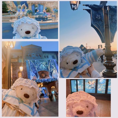 ディズニーシーの思い出　〜最終回〜

25周年のかわいい装飾といっしょに、いっぱい撮ってきたくぅ✨
夕方になって少しずつ暗くなっていく時間のシーも、とってもきれいでだいすきくぅ🌙✨
ご主人と一緒に、素敵な時間を過ごせてうれしかったくぅ🥰